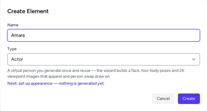 The Create Element form with the name Amara entered and the type set to Actor