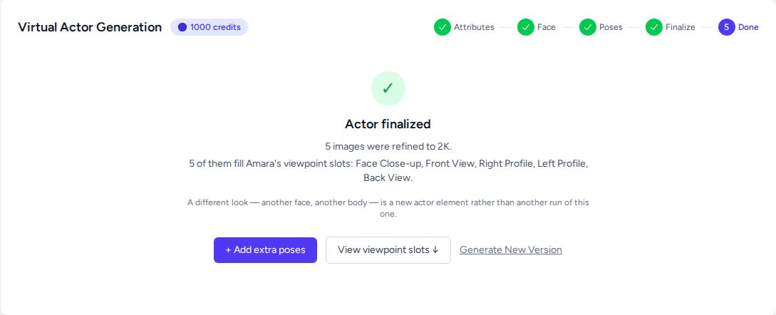 The Done step confirming five images were refined to 2K and fill the actor's viewpoint slots