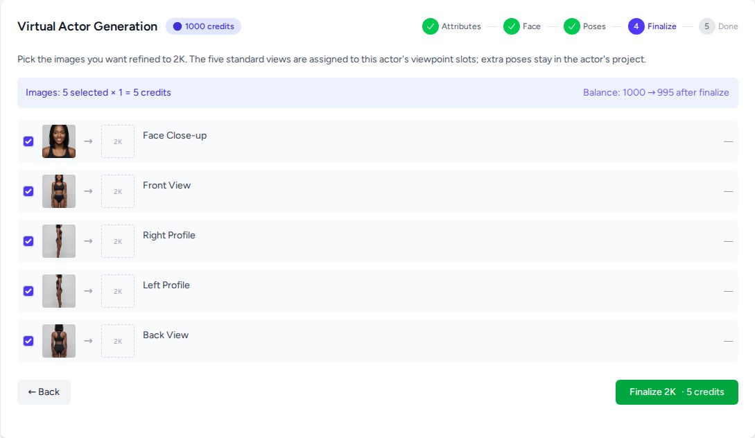 The Finalize step with all five images checked and a 5-credit total in the summary bar