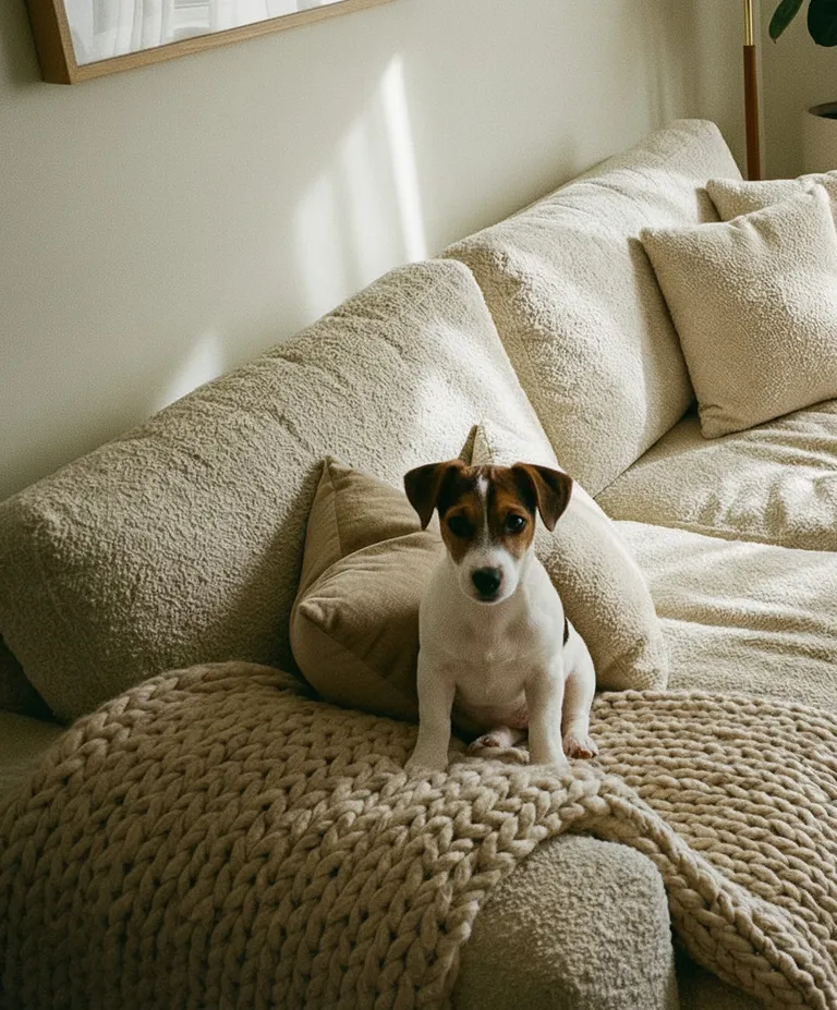 AI Enhanced sofa with added Jack Russell Terrier puppy