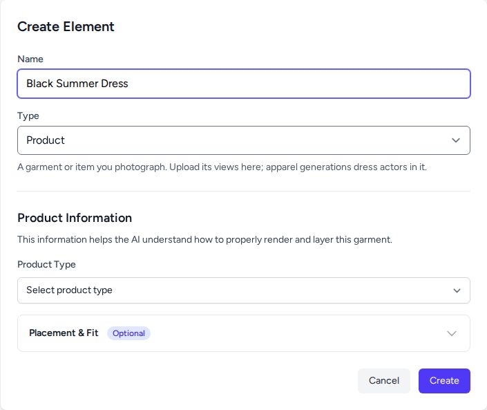 The Create Element form with the name Black Summer Dress entered and the type set to Product