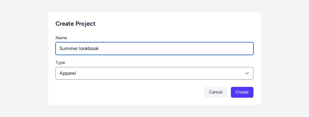 The Create Project form with the name Summer lookbook and the type set to Apparel