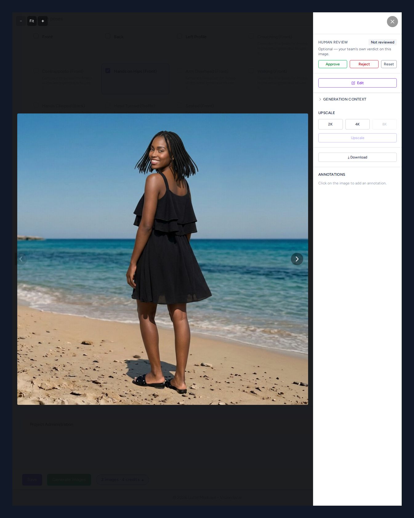 A delivered photo open full size, with Upscale and Download in the side panel