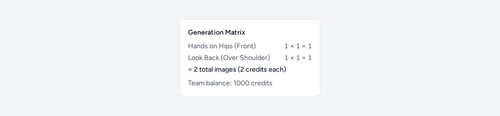 The Generation Matrix listing one image for each pose, 2 credits each, and the team balance