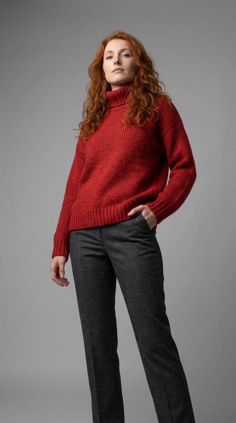 The same virtual model in a red turtleneck jumper and grey check trousers in a grey studio