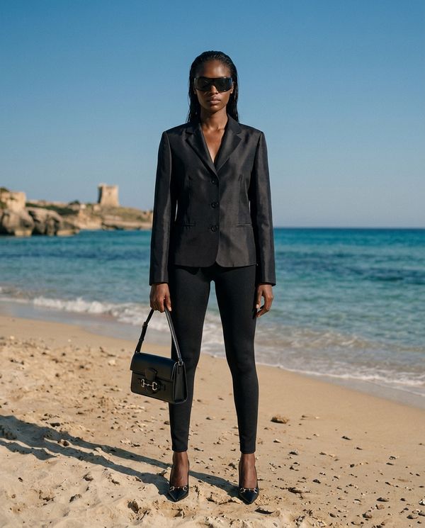 AI model wearing black suit at the Italian beach