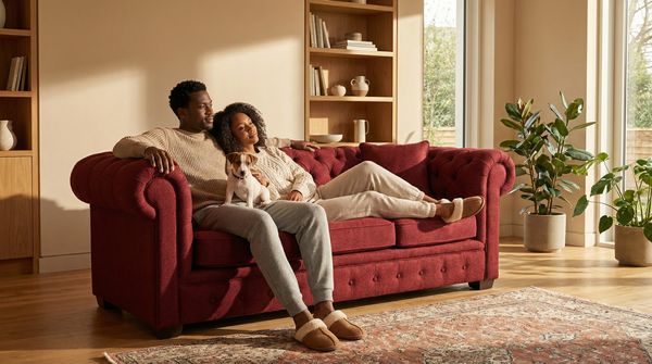 An Asian couple sitting on a sofa with a dog.