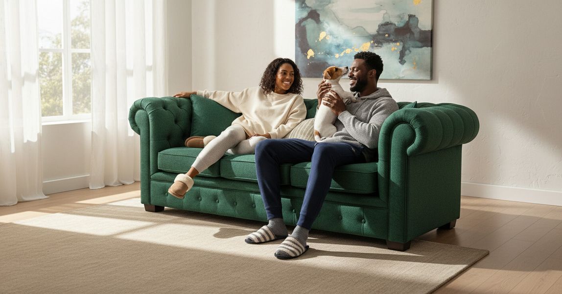 An Asian couple sitting on a sofa with a dog.
