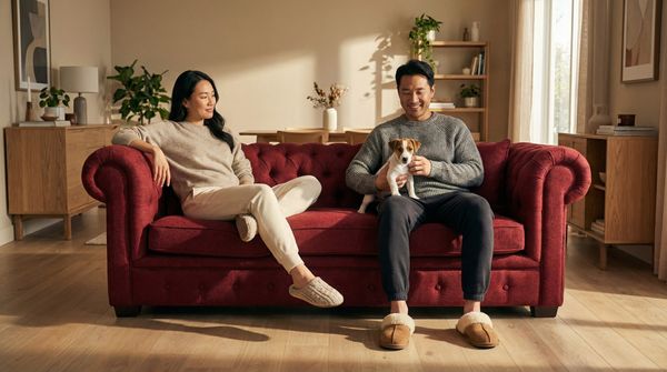 An Asian couple sitting on a sofa with a dog.