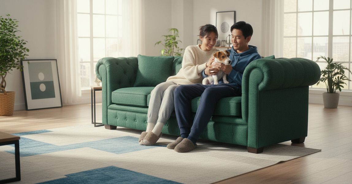An Asian couple sitting on a sofa with a dog.