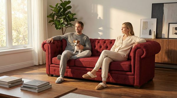 An Asian couple sitting on a sofa with a dog.