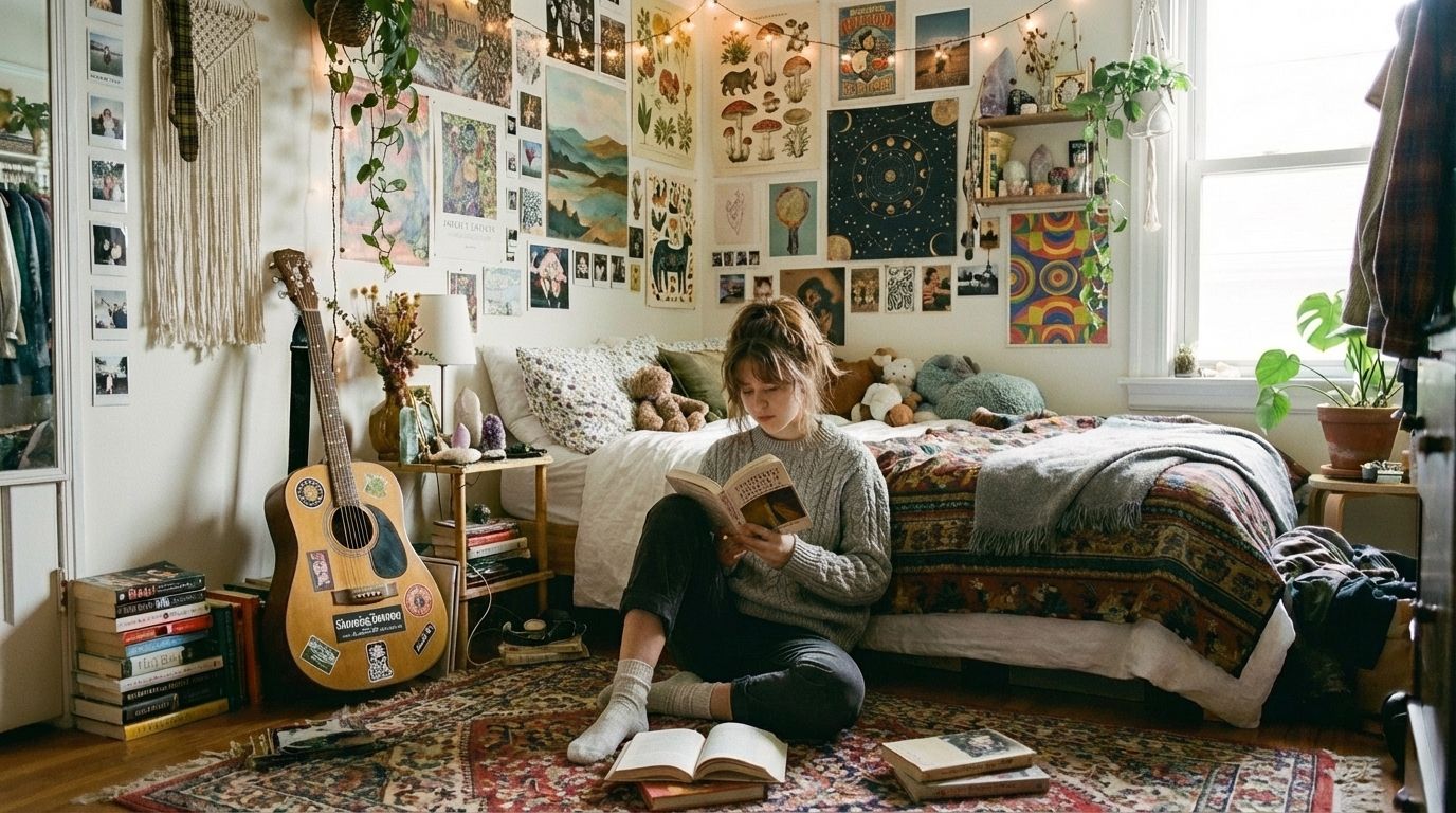 A young woman sitting in a bedroom in cluttercore style