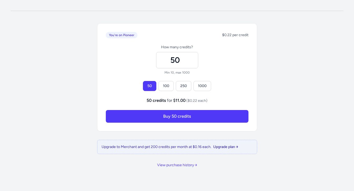 The credit top-up page on load, showing the Pioneer tier banner, a default selection of 50 credits, the quick-pick row, and the Buy credits button