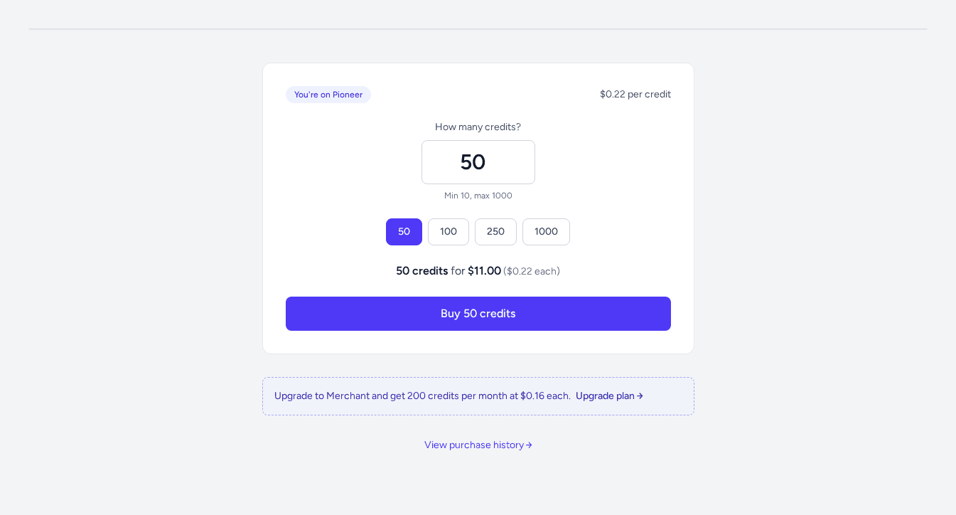 The credit top-up page on load, showing the Pioneer tier banner, a default selection of 50 credits, the quick-pick row, and the Buy credits button