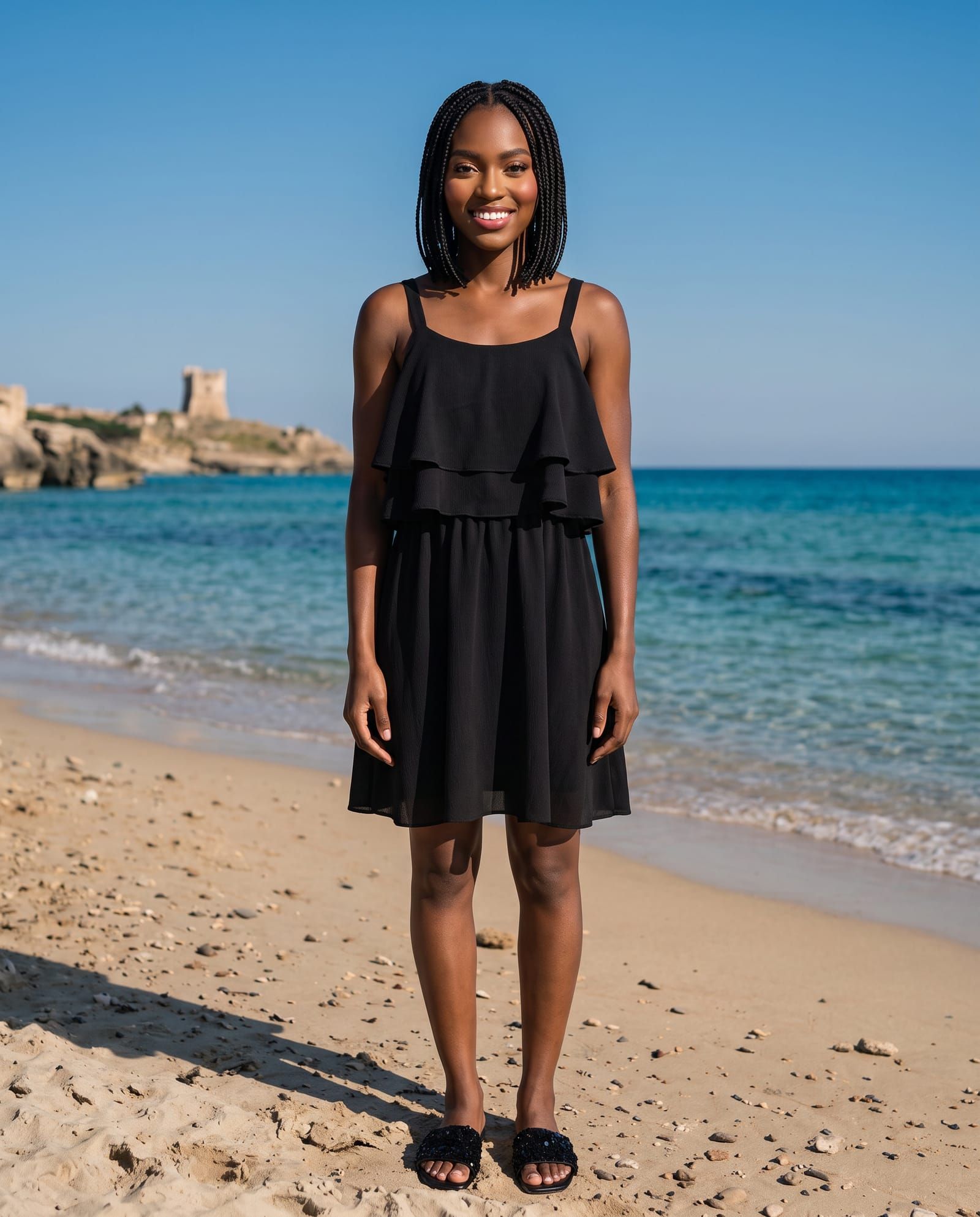 A virtual model with braided hair in a black ruffle dress and black sequin sandals standing on a sandy Italian beach