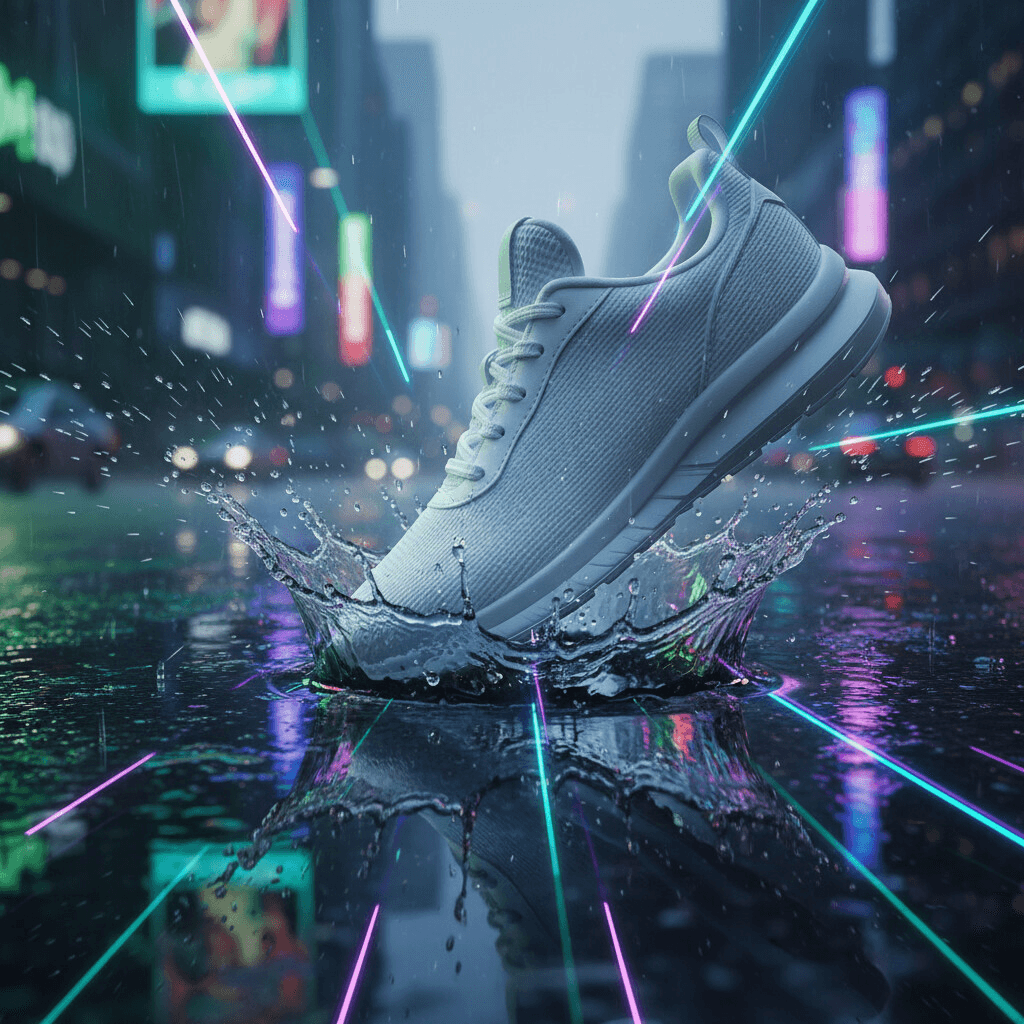 White shoe in a cyberpunk scenery