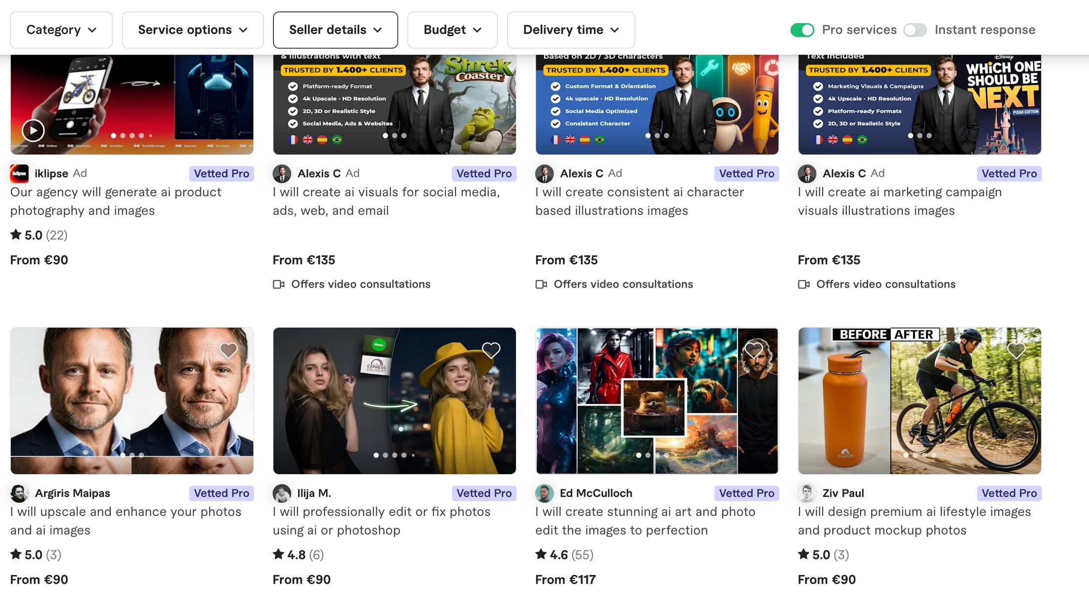 Fiverr search results showing AI product photography gigs priced between $50 and $200 per image set