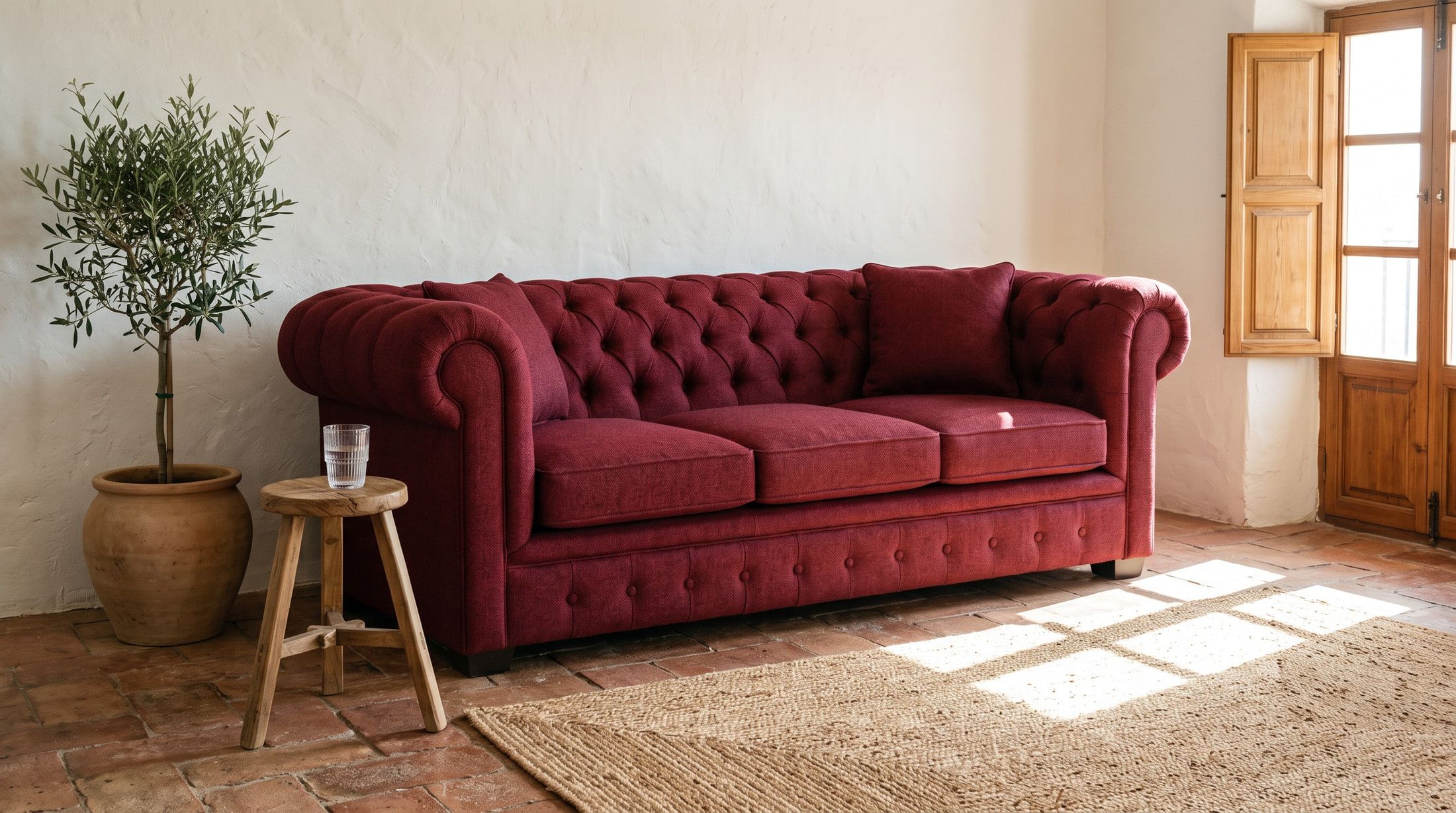 Red Chesterfield sofa in a sunlit Mediterranean room with terracotta floor and olive tree