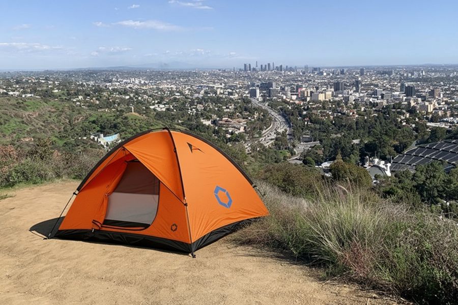 An orange tent in suburban Los Angeles environment