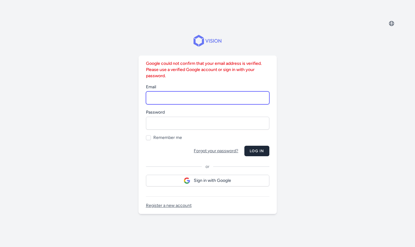 The Vision login page showing an error banner explaining that Google could not confirm the email address is verified