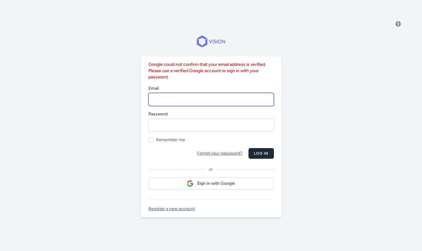 The Vision login page showing an error banner explaining that Google could not confirm the email address is verified