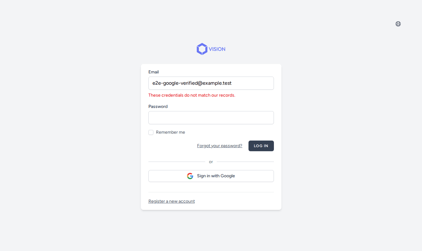 The Vision login page showing a credential validation error after submitting an incorrect password
