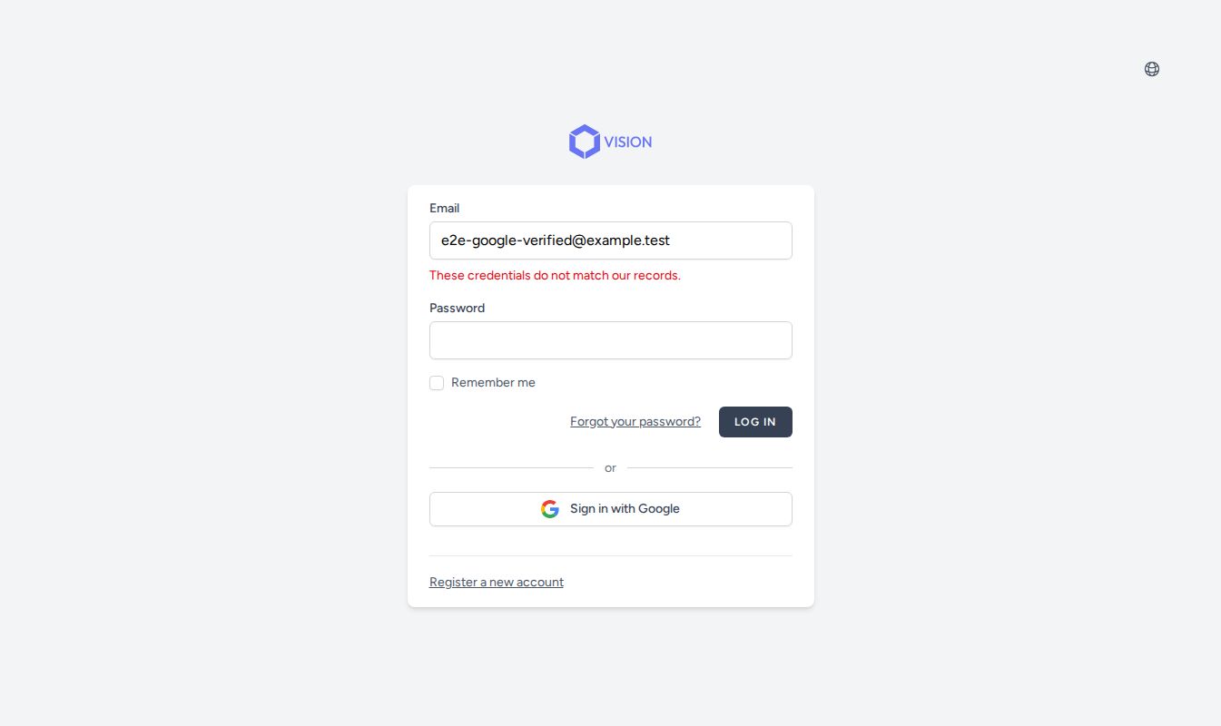 The Vision login page showing a credential validation error after submitting an incorrect password