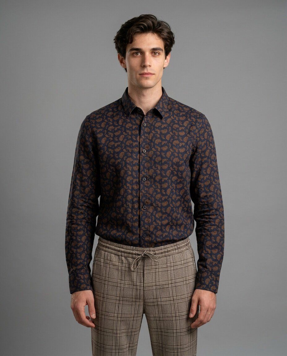 A male virtual model in a grey studio wearing the same paisley shirt and check trousers