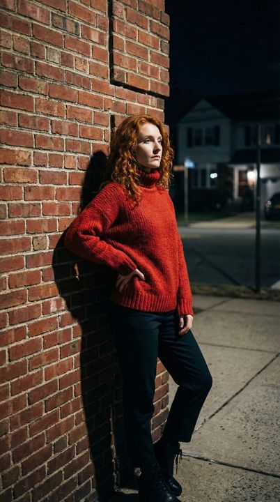 A woman in red jumper next to the brick wall at night