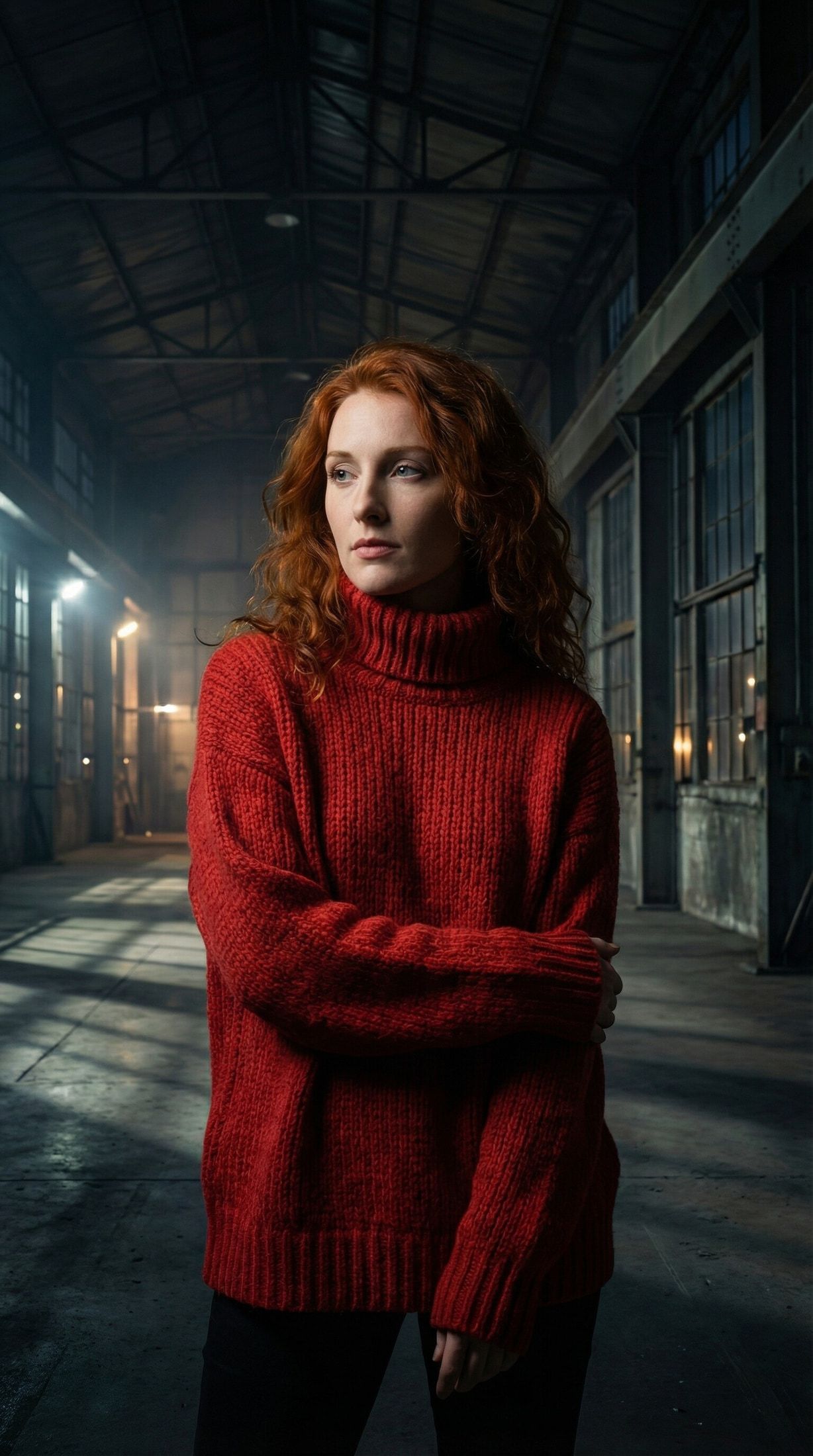 The same virtual model in the red turtleneck jumper inside a dim warehouse at night