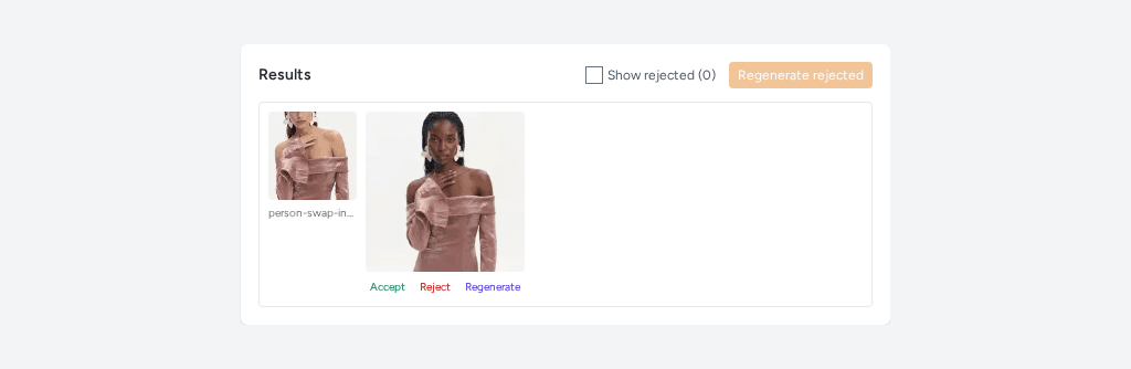 The Outputs panel showing a completed person-swap result with a preview thumbnail