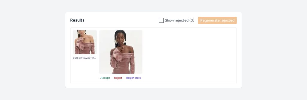 The Outputs panel showing a completed person-swap result with a preview thumbnail