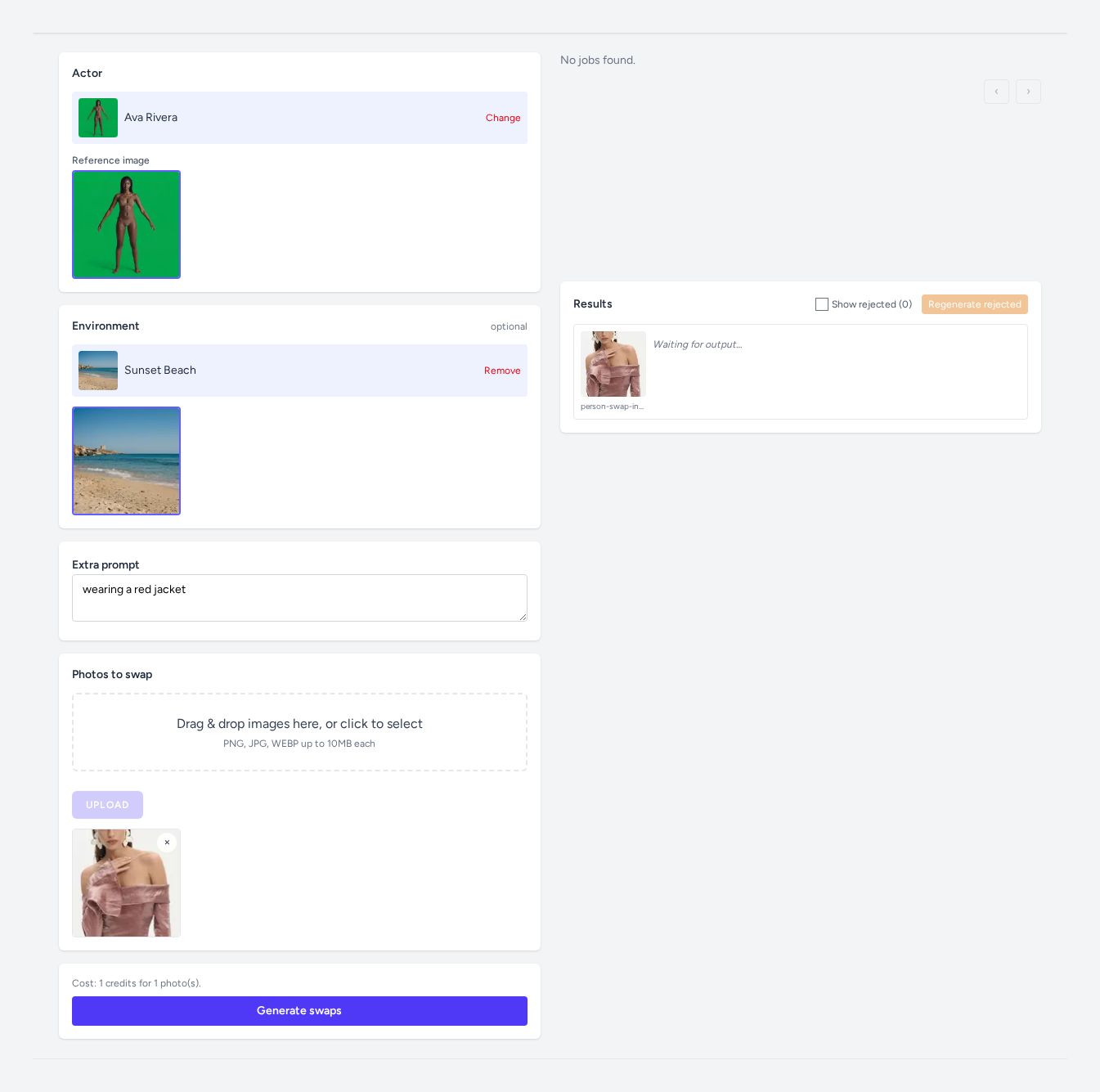The Person Swap editor with an actor, environment, and input image all selected, showing the Generate button enabled and ready
