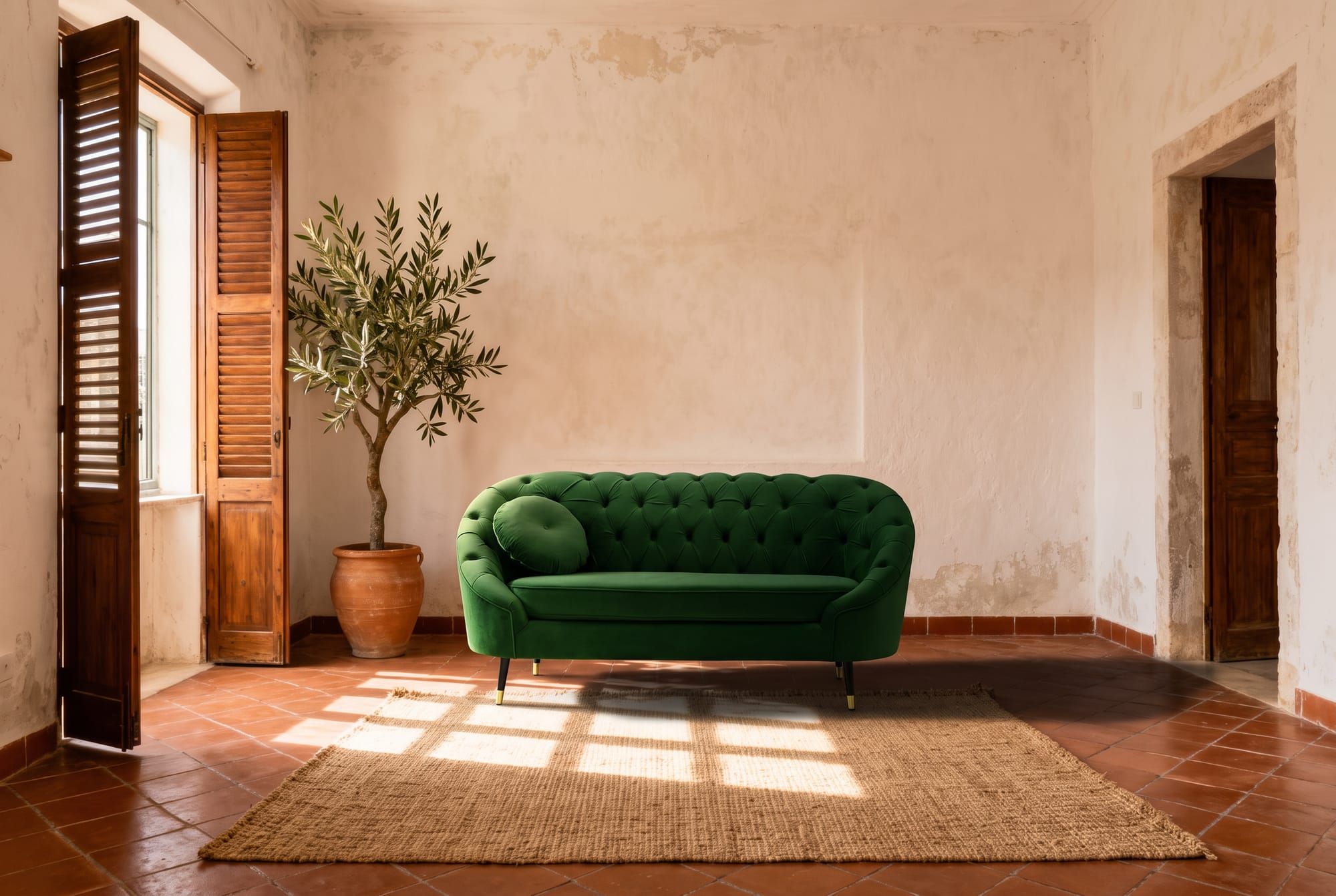 A green button-tufted velvet sofa on a jute rug in a sunlit Mediterranean room with terracotta floor tiles