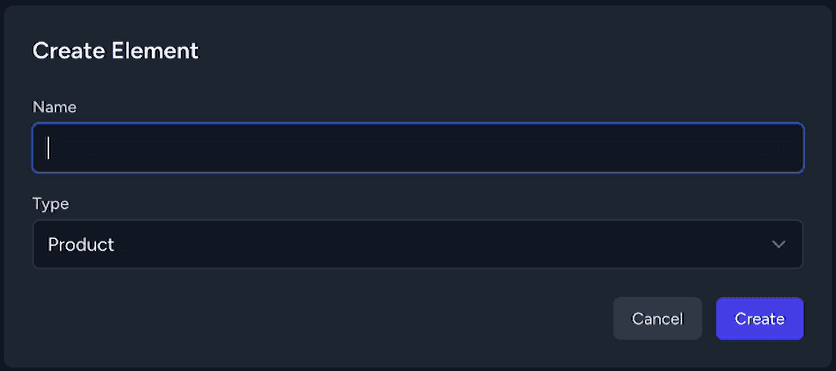 Product creation form with Name and Type fields