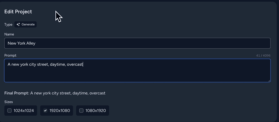 Edit project with a view of the prompt and size selection 