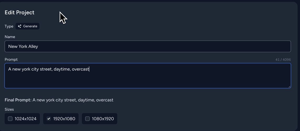 Edit project with a view of the prompt and size selection 