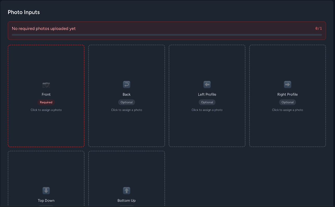 Photo Inputs section in the product creation form