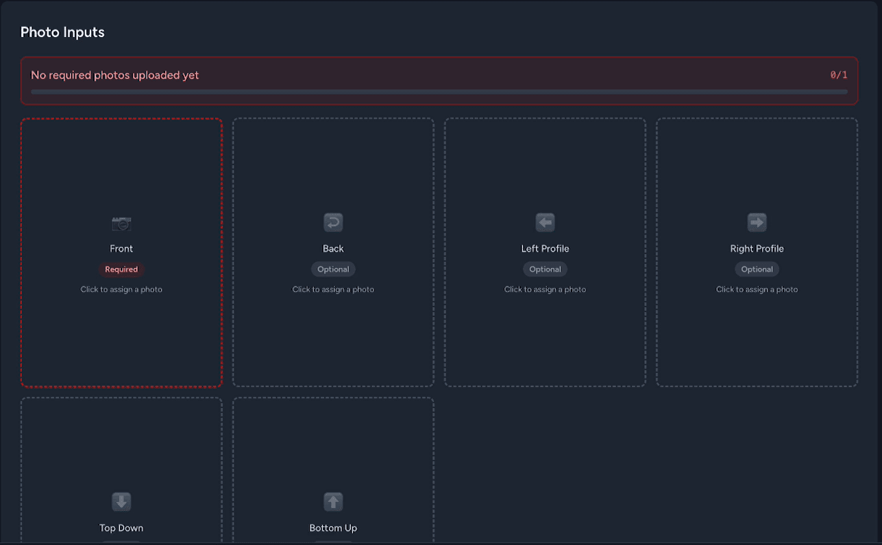 Photo Inputs section in the product creation form