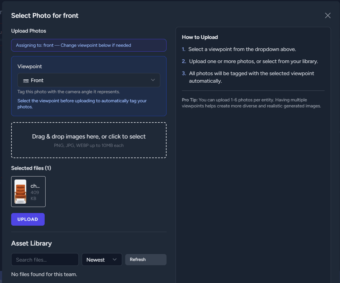 Uploading a product image using drag and drop or file selection