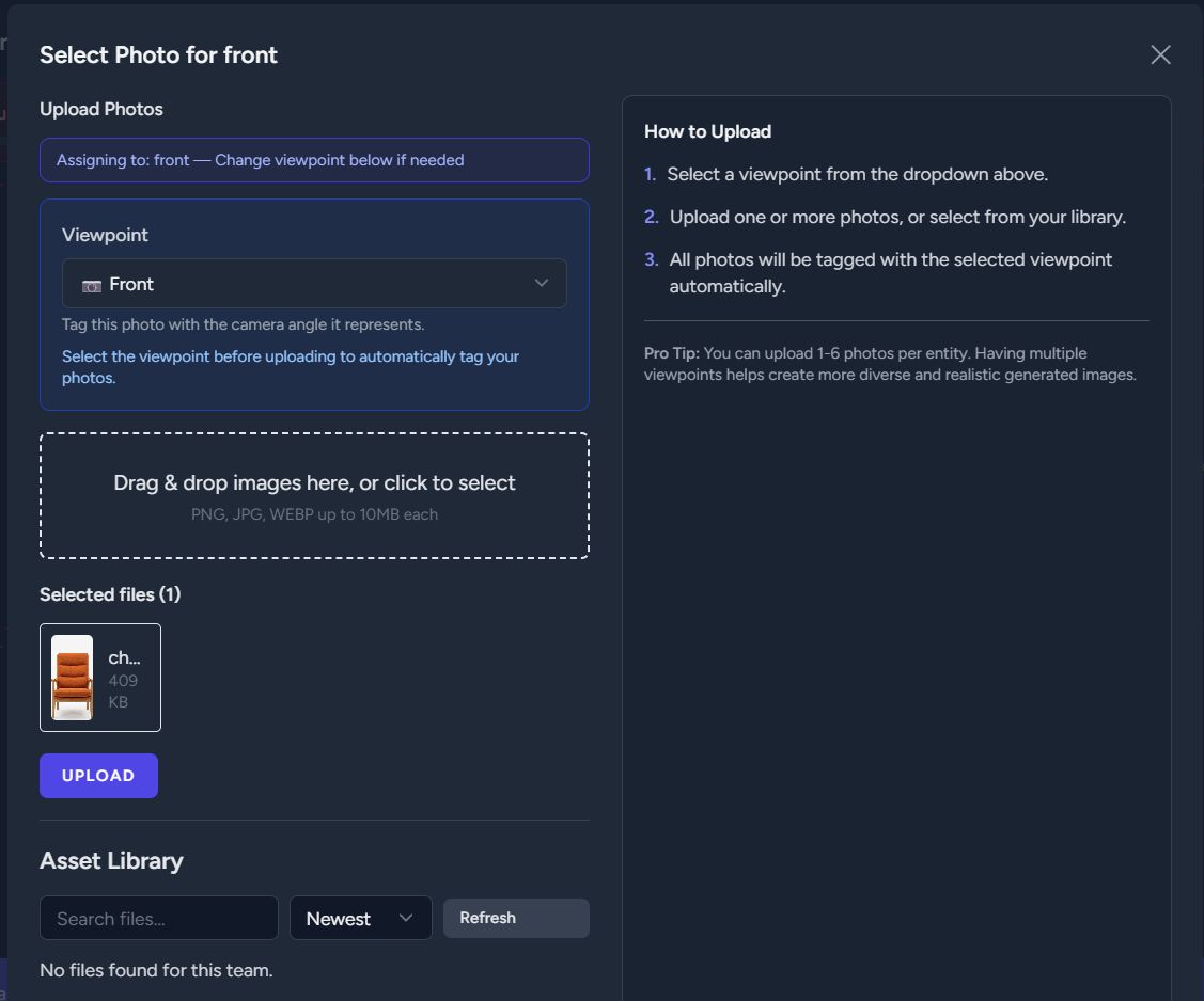 Uploading a product image using drag and drop or file selection