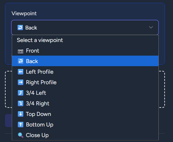 Viewpoint setting showing the image angle for the product