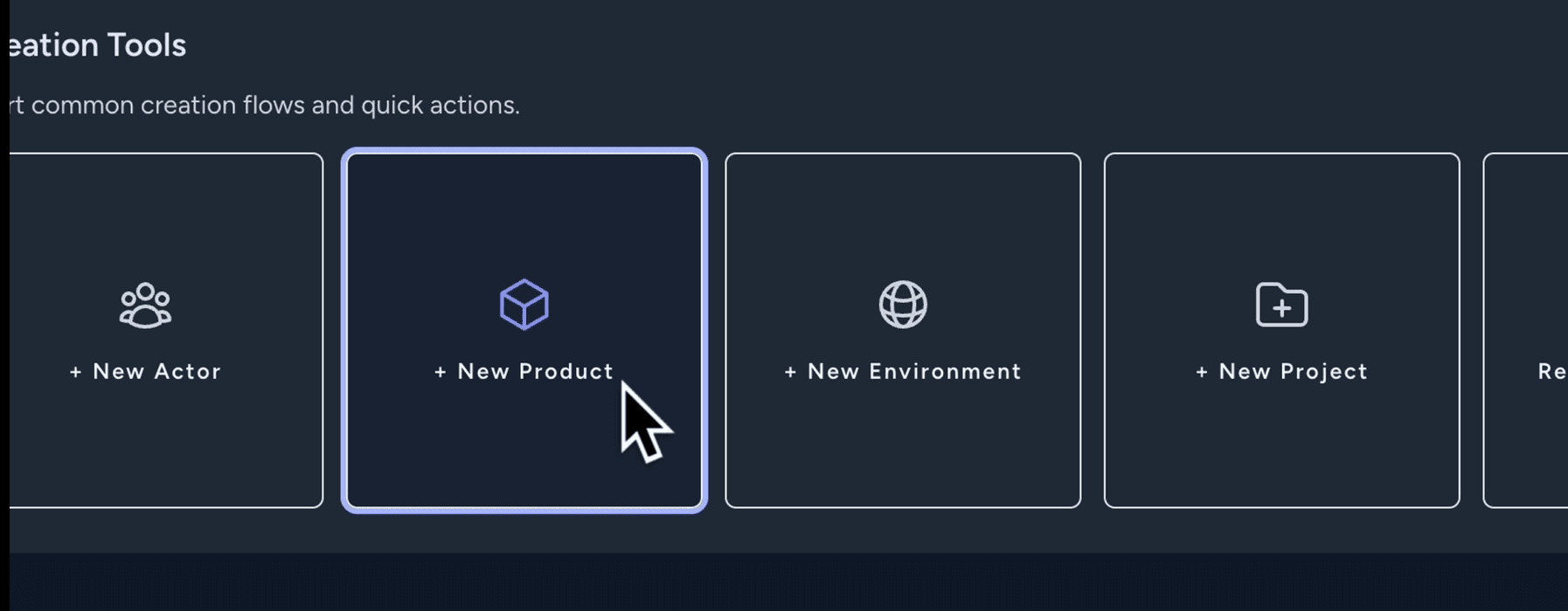 The "Creation Tool" view and selecting "New Product"