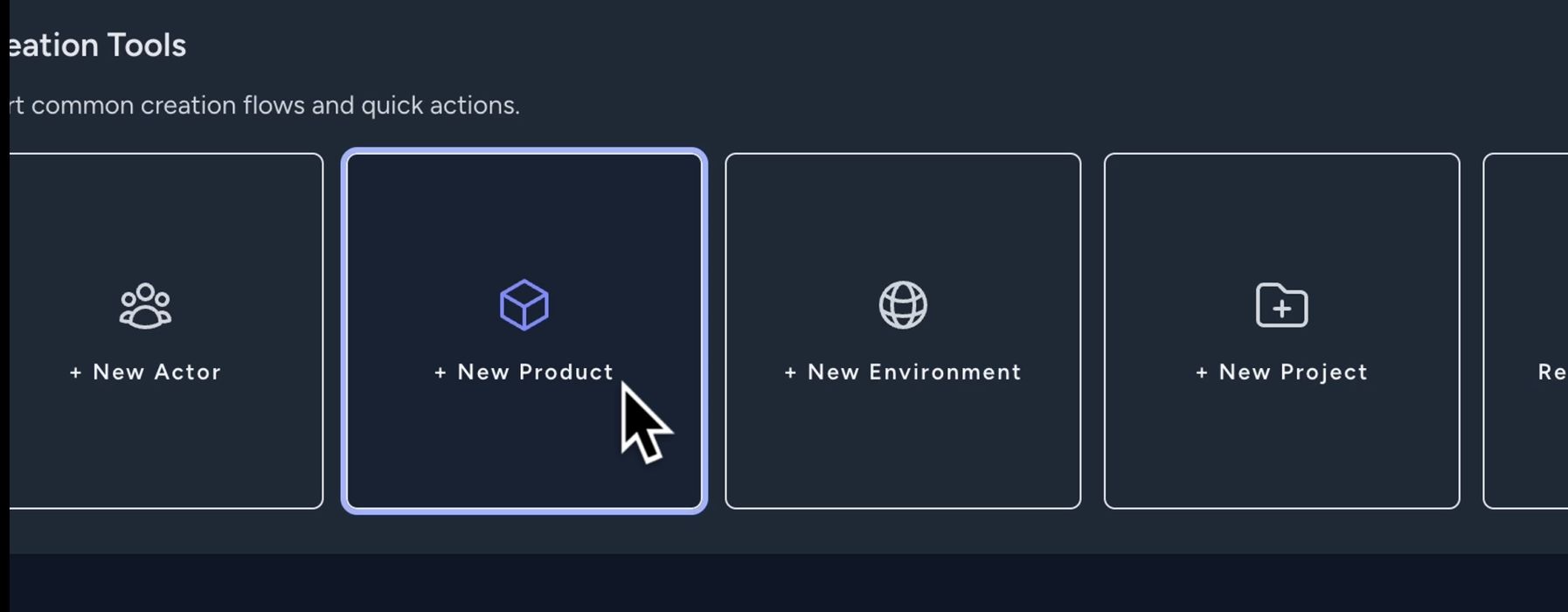 The "Creation Tool" view and selecting "New Product"