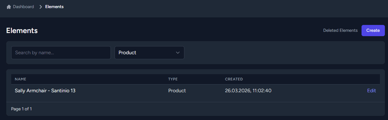 Elements section showing the list of saved products