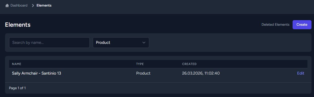 Elements section showing the list of saved products