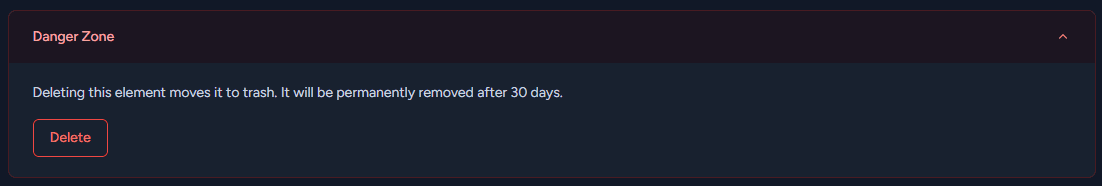 Danger Zone section with the Delete option for a product