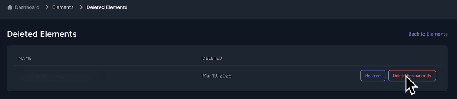 Deleted Elements section with restore and permanent delete options
