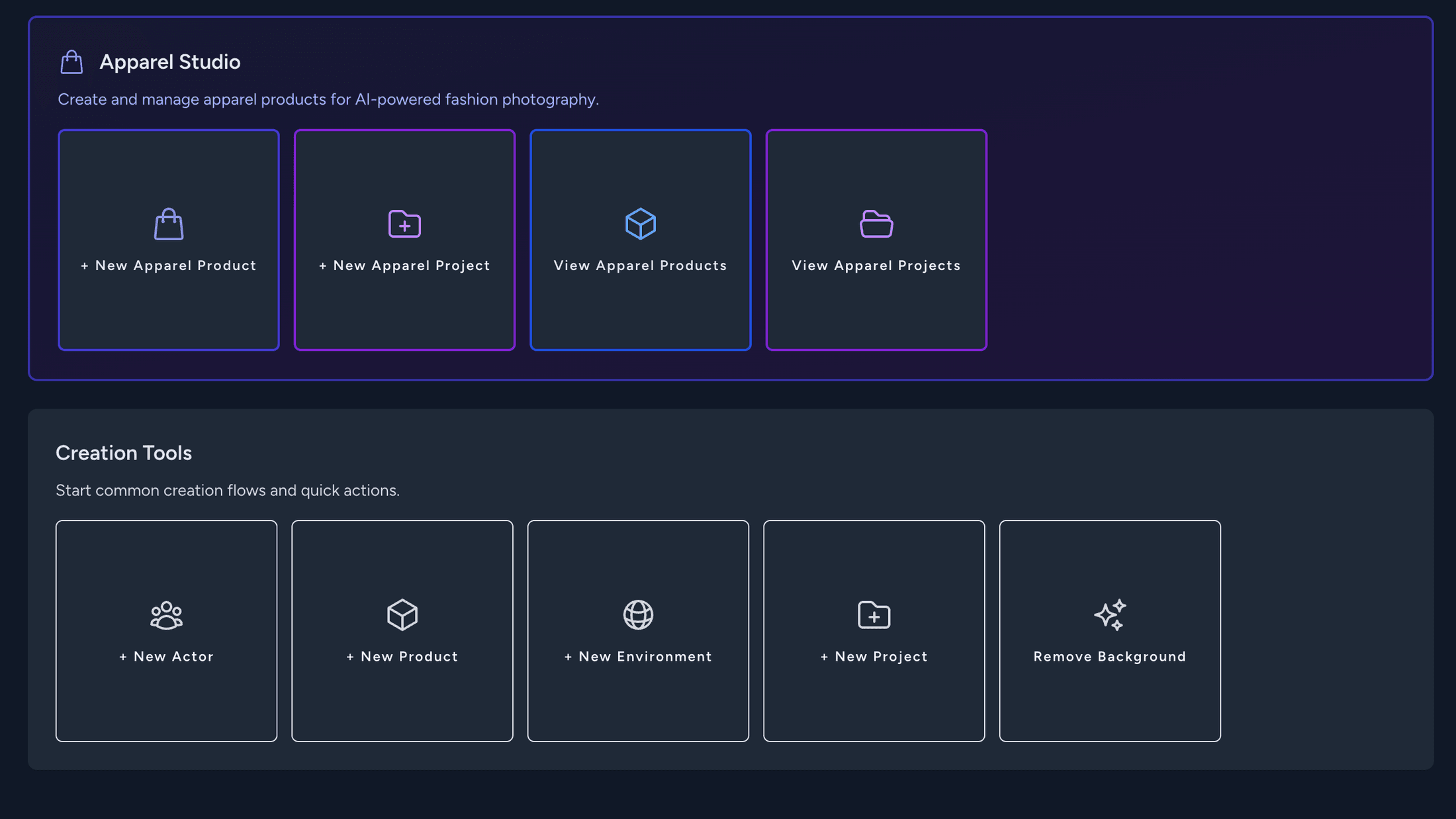 Vision dashboard showing recent AI product photography projects and quick actions