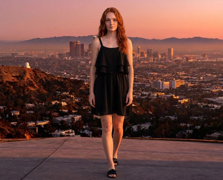 A model in a black dress photographed against the Los Angeles skyline at sunset